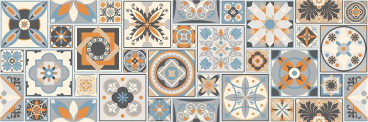 Collection of ceramic tiles in Turkish style. Seamless colorful patchwork of Azulejo tiles. Portuguese and Spanish decor. Islam, Arabic, Indian, Ottoman motif. Vector hand drawn background - obrazy, fototapety, plakaty