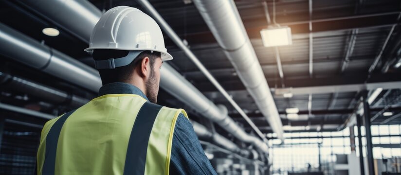 Mechanical engineer inspecting HVAC system in industrial construction.