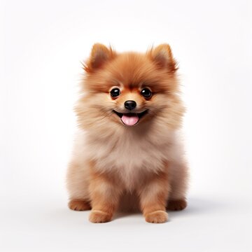pomeranian puppy sitting on white background, light red and light brown