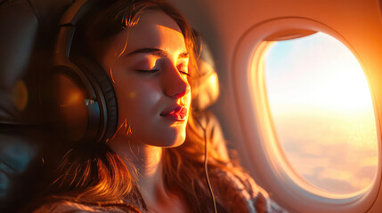 Woman listening to music on flight at sunset. - obrazy, fototapety, plakaty