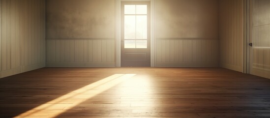 A vacant room with wooden floors, white walls, and light shining on the door from the window.