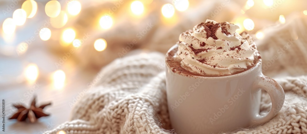 Poster hot cocoa with whipped cream and cocoa powder sits on a winter table with fairy light bokeh.