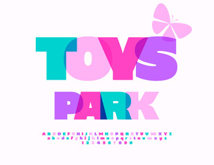 Vector colorful banner Toys Park. Bright creative Alphabet Letters and Numbers. Modern Kids Font.