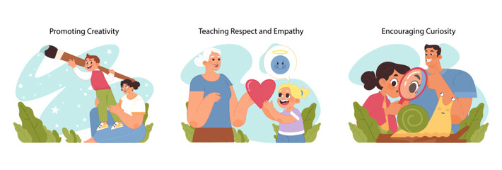 Obraz premium Child development set. Kids improving creativity and emotional intelligence. Learning through play, love, and discovery. Fostering artistic expression, empathy, and curiosity. Flat vector illustration