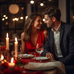 Beautiful loving couple is spending time together in modern restaurant. Attractive young woman in dress and handsome man in suit are having romantic dinner. Celebrating Saint Valentine's Day