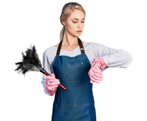 Beautiful young blonde woman wearing apron holding cleaning duster checking the time on wrist watch, relaxed and confident
