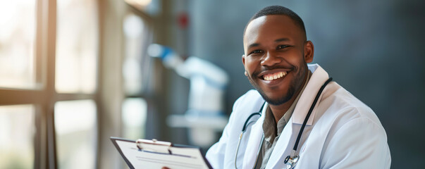 Portrait of a smiling young male doctor taking important notes of a patient's treatment  - obrazy, fototapety, plakaty