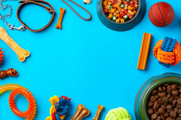 Treats and toys for dogs on blue background close up