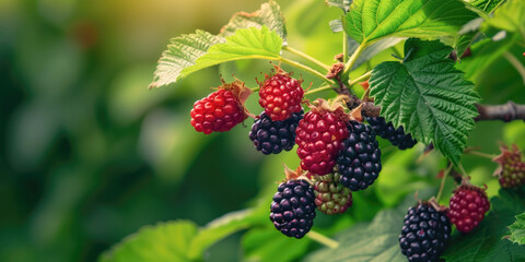 Ripe Blackberries on a Bush in Sunlight