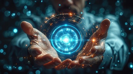 An abstract background template featuring a businessman with a futuristic touch, Showcase the elegance of technology by incorporating hi-tech elements around the businessman hand. Generative AI.