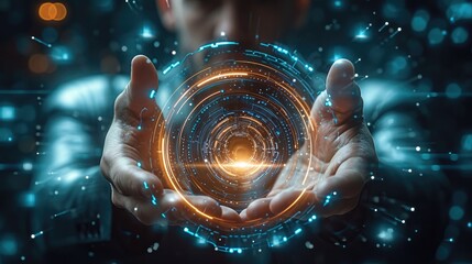 An abstract background template featuring a businessman with a futuristic touch, Showcase the elegance of technology by incorporating hi-tech elements around the businessman hand. Generative AI.