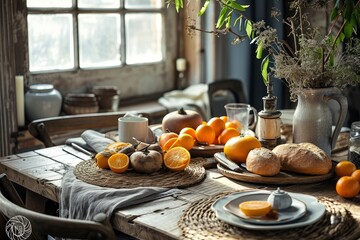 Obraz na płótnie Canvas aesthetic breakfast warm neutrals images of rustic wooden tables and soft light have windows. woven placemats and linen napkins, tactile, ambiance, and vibrant fruits