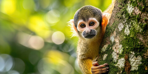 Obraz premium Inquisitive Squirrel Monkey Peeking Around a Tree in a Lush Green Forest