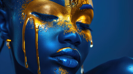 Artistic Close-Up Portrait of a Woman with Blue and Gold Facial Art