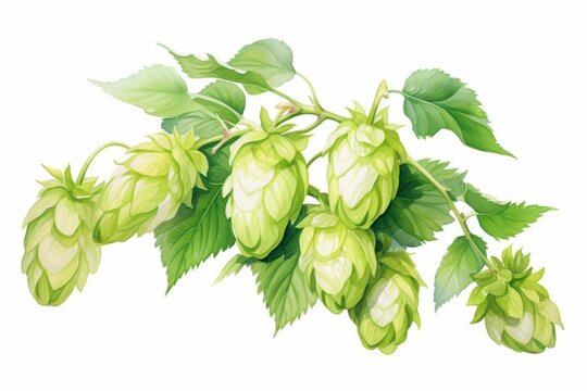 Watercolor illustration of hop vine isolated on white background. Generative AI