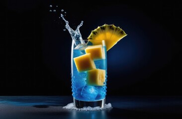 alcoholic and non-alcoholic cocktail blue lagoon with ice, blue hawaii, cocktail with lemon and pineapple, summer refreshing cocktail