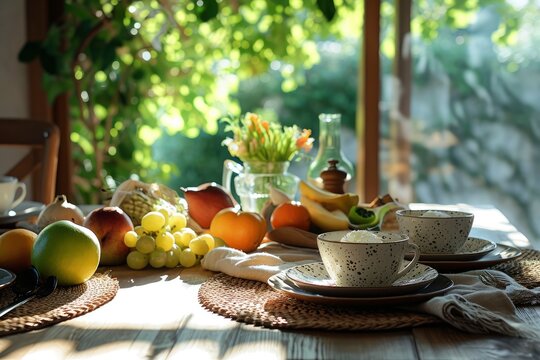 aesthetic breakfast warm neutrals images of rustic wooden tables and soft light have windows. woven placemats and linen napkins, tactile, ambiance, and vibrant fruits