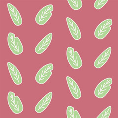 Seamless pattern with green leaves on a red background.