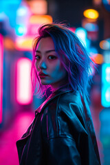 Beautiful young Asian girl with colored hair wears leather jacket on the street in neon lights