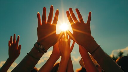 Hands raised up reaching for the sun. Generative AI.