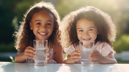 Family hydration: Kids' healthy lifestyle habit, dehydration prevention concept. Two multiracial little girls sitting at the kitchen table, feeling thirsty, drinking pure water. - obrazy, fototapety, plakaty