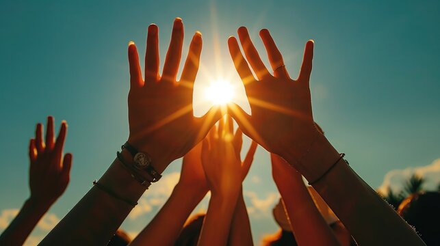 Hands raised up reaching for the sun. Generative AI.