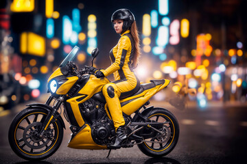 Caucasian woman riding leather-lined motorcycle wearing yellow suit, black boots and helmet full body protective gear among coloured lights in city at night, generative AI