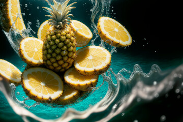 Combination pineapple orange fresh orange slices inside pineapple cups underwater in wavy splash frozen movement, generative AI