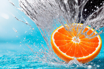 Orange slice falling into water generates splash on a blue background in summer refreshing for food or drink, realistic photography, generative AI