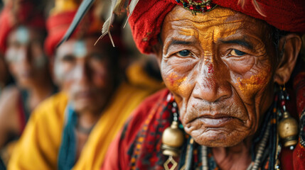 Fototapeta premium Portrait of an Indigenous Man with Traditional Face Paint and Attire