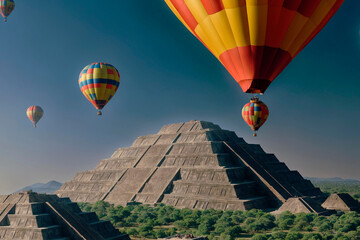 Hot air balloons in flight offering a journey and experience to the passenger to contemplate the constructions in aerial view, realistic photography Pyramid Mexico, generative IA 