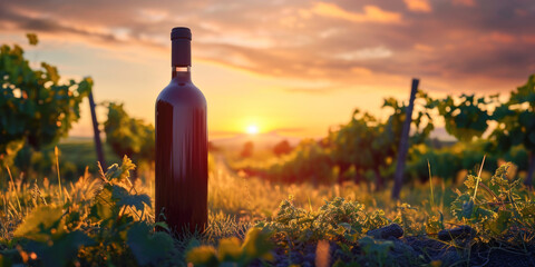 Sunset Vineyard with Wine Bottle and Grapes - obrazy, fototapety, plakaty