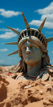 Buried in the beach the torch and the head of the Statue of liberty USA