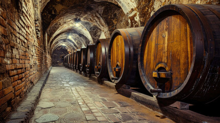 Vintage Wine Cellar with Oak Barrels Lined Up in an Ancient Vault - obrazy, fototapety, plakaty