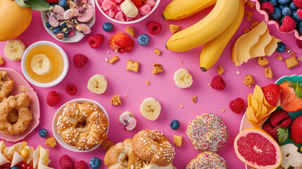 Colorful Breakfast Spread with Pastries and Fruits on Pink Surface