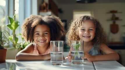 Obraz premium Family hydration: Kids' healthy lifestyle habit, dehydration prevention concept. Two multiracial little girls sitting at the kitchen table, feeling thirsty, drinking pure water.