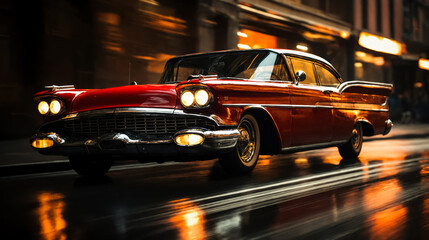 A red retro car drives through the night city in dynamics, blurred background, motion effect