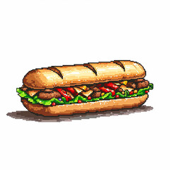 Pixelated art illustration of a steak sandwich sub against a white background