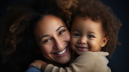 Family love: Motherhood and child care concept. Closeup of a happy young African American mother hugging a small baby or toddler.