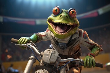 Gecko in racing gear on a dirt bike.