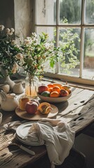Fototapeta premium aesthetic breakfast warm neutrals images of rustic wooden tables and soft light have windows. woven placemats and linen napkins, tactile, ambiance, and vibrant fruits