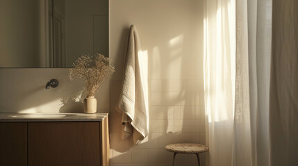 The bathroom is bathed in warm sunlight filtering through sheer curtains, highlighting a simple vanity with a vessel sink and a single towel hanging neatly on the wall.