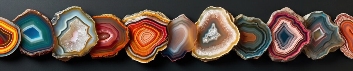 A banner with an array of colorful agate slices lined up showcasing their unique patterns and vibrant colors on a dark background.