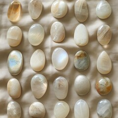 Fototapeta na wymiar An array of various small, polished moonstones laid out on a textured linen surface, showcasing a spectrum of opalescent hues and natural variations.
