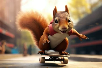 Abwaschbare Fototapete Squirrel on a skateboard in an urban setting. © AdriFerrer