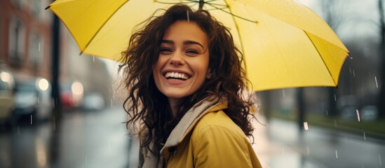 Smiling woman with yellow umbrella in the rain. - obrazy, fototapety, plakaty