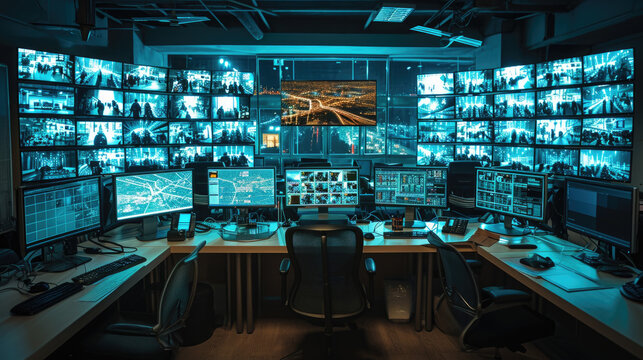 Modern Security Control Room with Multiple Monitors