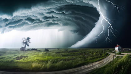 Beautiful Landscape with Dramatic Storm Clouds and Lightning