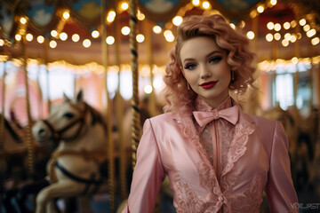 Fototapeta na wymiar girl in a pink and gold tuxedo stands in front of a carousel