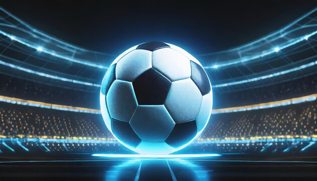 Soccer ball glowing inside stadium. Generative AI